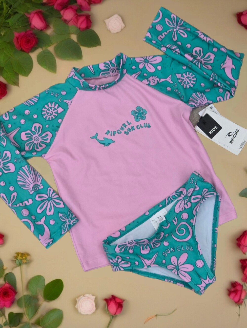 Rip Curl Kids Girls Pink Floral Rash Guard Swimsuit Set Girls 3-4